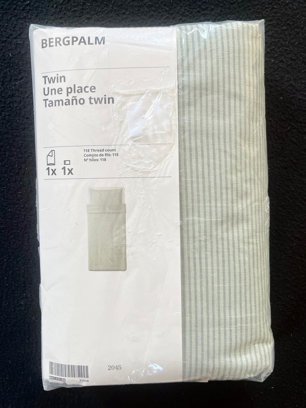 NEW IKEA BERGPALM Twin Duvet Cover Sham Green Stripe 100% Cotton Farmhouse Sage
